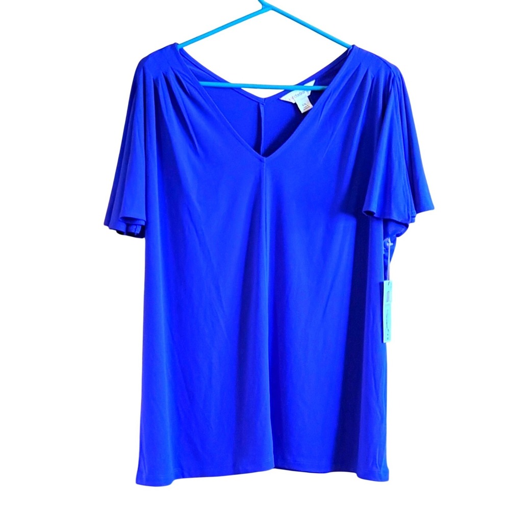 NEW Liz Claiborne XXL Bold Blue V-Neck Flutter Short Sleeve Cobalt Office Party - Picture 2 of 9